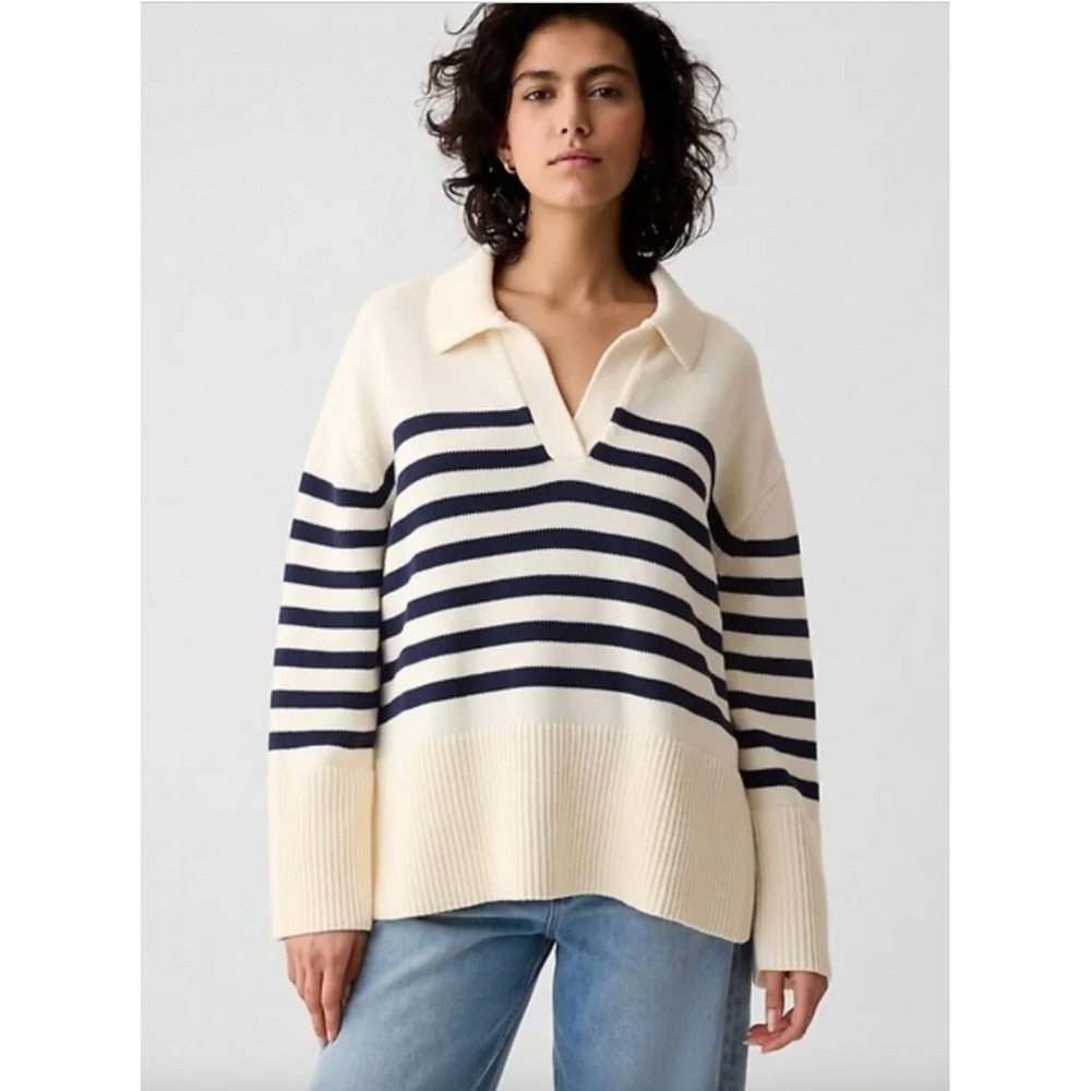 Gap 24/7 Split-Hem Polo Sweater Navy Cream Stripe Oversized Coastal Nautical L